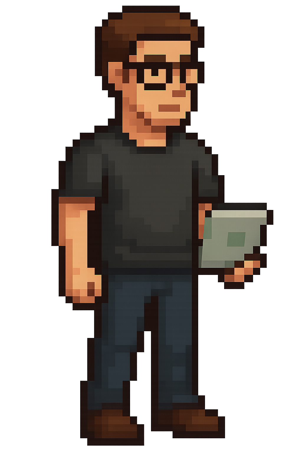 Pixelart af Jeppe, stående med armene ned langs siden, med en bærbar i hånden